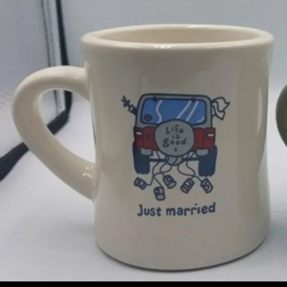 Life Is Good Home Diner Mug Just Married Jeep Bride & Groom White EUC - Picture 1 of 5